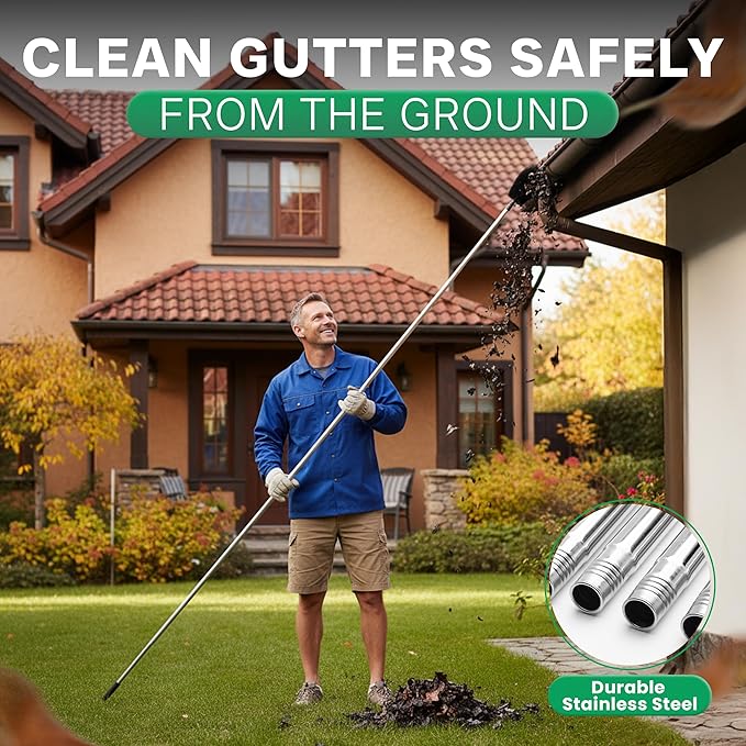 Premium Gutter Cleaning Tools from The Ground - 10.5 ft Long Adjustable gutter Cleaner & Brushs No Ladder Needed Branches And Debris from Gutters Clean Out Tool Makes it Easy To Clean Leaves.