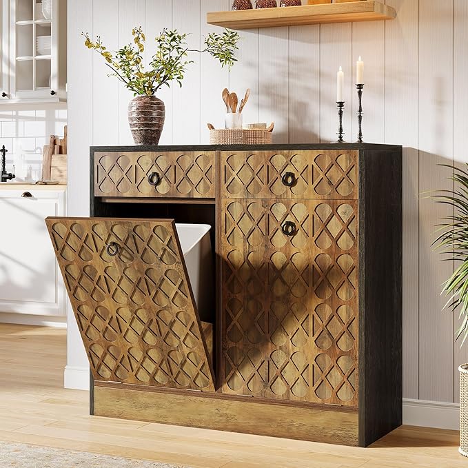 Tribesigns Double Tilt Out Trash Can Cabinet, 20 Gallon Wooden Free Standing Laundry Sorter Cabinet with 2 Drawers, Wooden Hidden Garbage Cabine with Geometric Relief Design for Kitchen, Bathroom