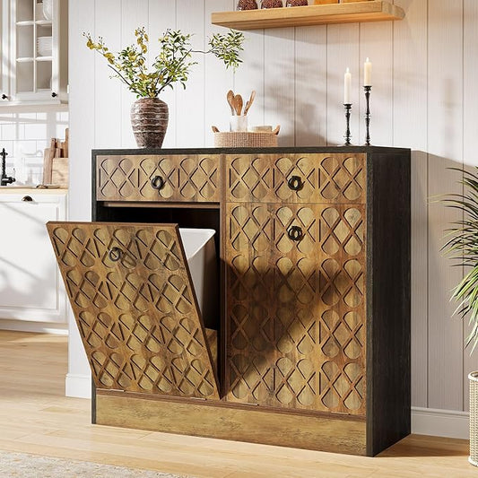 Tribesigns Double Tilt Out Trash Can Cabinet, 20 Gallon Wooden Free Standing Laundry Sorter Cabinet with 2 Drawers, Wooden Hidden Garbage Cabine with Geometric Relief Design for Kitchen, Bathroom
