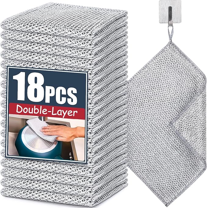 Navona 18 Pcs New Upgrade Steel Wire Dishcloth, Double-Layer Multipurpose Dishwashing Rag, Powerful Cleaning Non-Scratch Dishcloth Rag for Cookware, Sinks, Dishes, Stove Tops