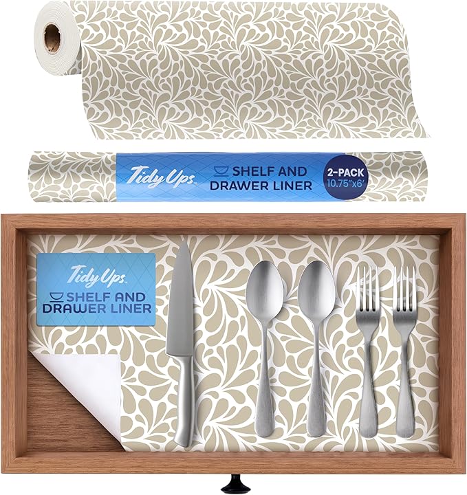 Self Adhesive Shelf Liner (2-Pack, 10.75in x 6ft) — Absorbent Felt Cabinet Liner for Shelves & Kitchen Drawers, Soft Glide Surface with Adjustable, Residue-Free Adhesive (Sandstone Petals)