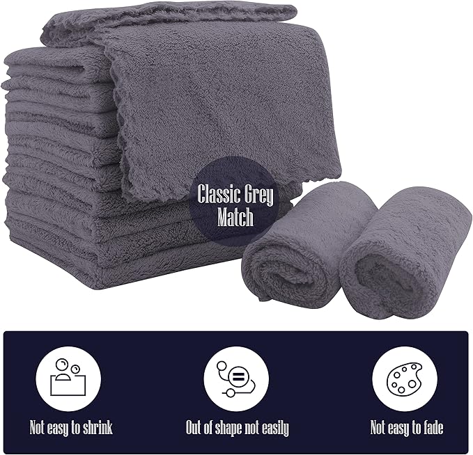 16 Pack Baby Washcloths - Luxury Coral Fleece - Extra Absorbent and Soft Wash Clothes for Newborns, Infants and Toddlers - Suitable for Sensitive Skin and New Born - Baby Shower - Grey, 10x10 Inch