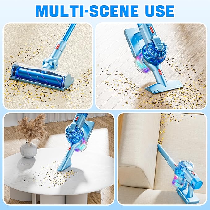 4-in-1 Kids Toy Vacuum That Works with Suction, Electric Toy Toddler Vacuum Cleaner for Children Ages 3 4 5 6+ Boys & Girls,Toddlers Toys Cleaning Set for Pretend Play (Light Blue)