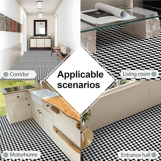 Elffloor Peel and Stick Floor Tile: 10pc 11.8 * 11.8in Self-Adhesive Waterproof Vinyl Flooring Black and White Tiles Sticker for Bathroom, Kitchen, Bedroom, Living Room ﻿