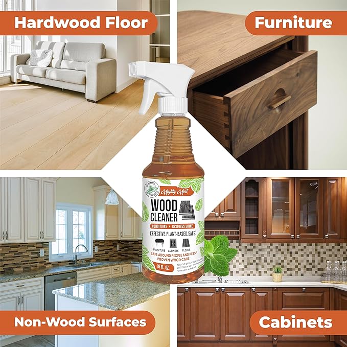 Mighty Mint Wood Cleaner & Conditioner Spray – Plant-Based Formula Cleans, Polishes & Renews Wood Furniture, Cabinets & Floors – Peppermint Scent, 16 oz