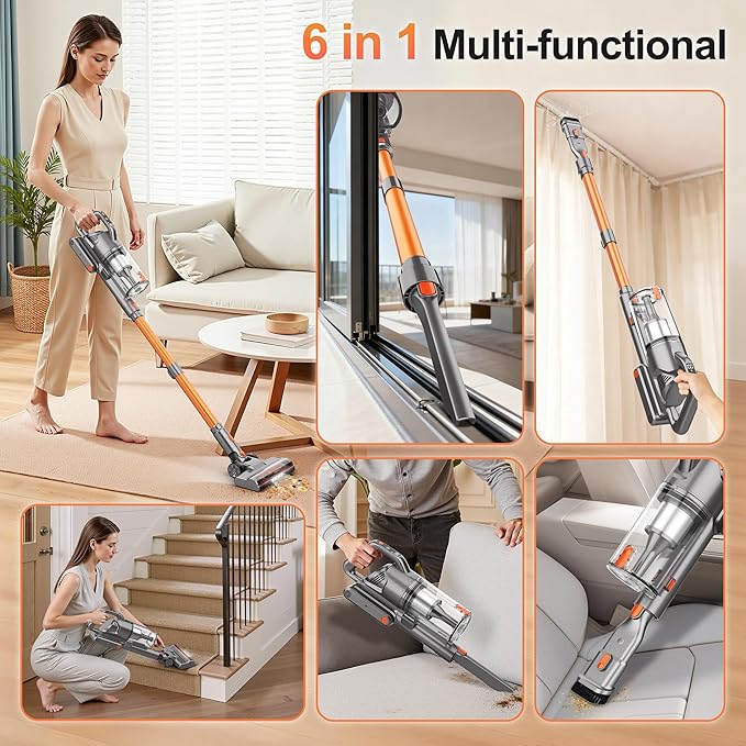 Cordless Vacuum Cleaners for Home, 600W 50KPA 55Mins Self-Standing Stick Vacuum with LED Display, Anti-Tangle, Wall Mount, Lightweight, Rechargeable Wireless Vacumm for Pet Hair, Carpet and Floor