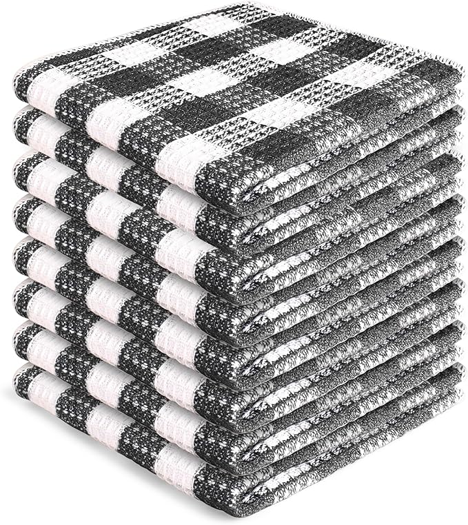 Blue Needles Waffle Weave Check Plaid Dish Cloths, 12x12 Inches 100% Cotton Set of 8 Dish Towels for Kitchen, Ultra Soft & Absorbent Kitchen Towels for Quick Drying Spring Summer - Black & White