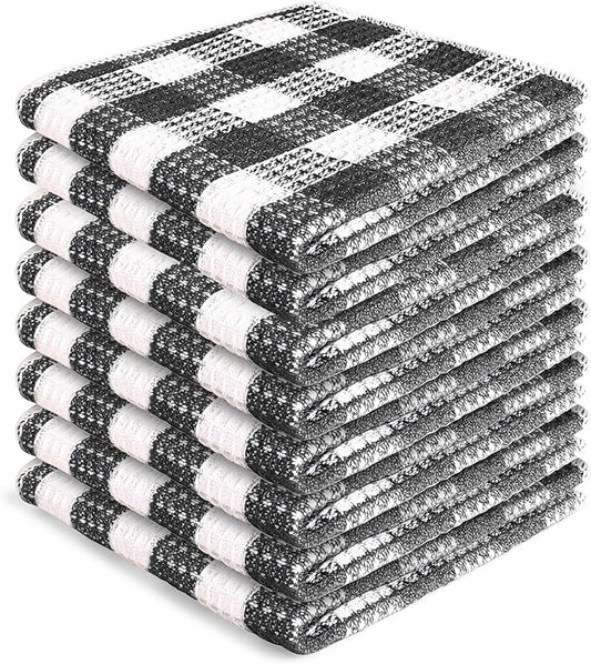 Blue Needles Waffle Weave Check Plaid Dish Cloths, 12x12 Inches 100% Cotton Set of 8 Dish Towels for Kitchen, Ultra Soft & Absorbent Kitchen Towels for Quick Drying Spring Summer - Black & White