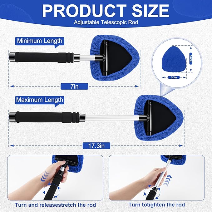 JUSTTOP Windshield Cleaner Tool, Car Interior&Exterior Window Cleaning Tool with Extendable Handle & 4 Reusable Microfiber Pads, Auto Glass Wiper Brush Kit for Cars (Blue)