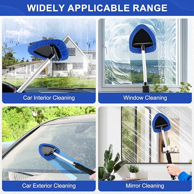 JUSTTOP Windshield Cleaner Tool, Car Interior&Exterior Window Cleaning Tool with Extendable Handle & 4 Reusable Microfiber Pads, Auto Glass Wiper Brush Kit for Cars (Blue)
