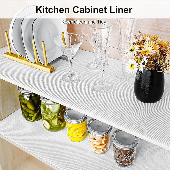 Drawer and Shelf Liner for Kitchen Cabinet,Non-Adhesive Cabinet Liner 12in x 10FT,Waterproof Shelf Paper Non-Slip Mats Cupboard Liners Contact Protect Dresser/Shelves/Table-White