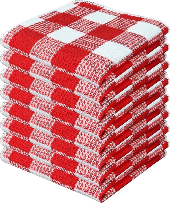 PurpleEssences Waffle Weave Plaid Dish Cloths, 100% Cotton, 12x12 Inch, Soft Absorbent Quick Drying Buffalo Check Dish Rags for Kitchen, 8 Pack, Christmas Holiday Winter - Red & White
