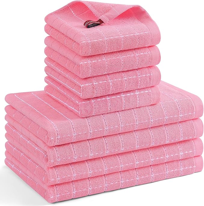 Mordimy 100% Cotton Terrycloth Kitchen Towels and Dishcloths Sets, Soft and Absorbent Checkered Dish Towels, Quick Drying Dish Rags for Washing Dishes, 4 Pack 16" x 26" & 4 Pack 12" x 12", Pink