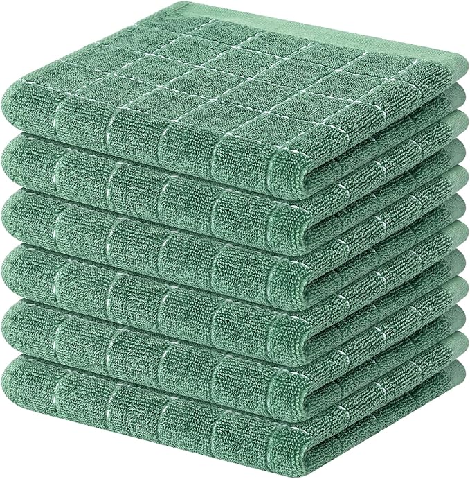 Mordimy 100% Cotton Terry Cloth Dish Cloths, Soft and Absorbent Checkered Dish Towels, Quick Drying Dish Rags for Washing Dishes, 6 Pack, 12 x 12 Inches, Grass Green
