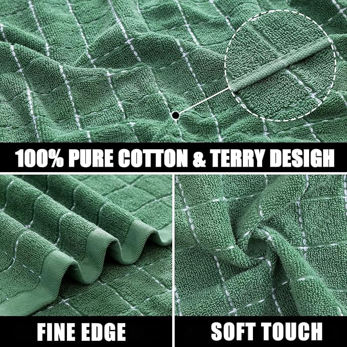 Mordimy 100% Cotton Terry Cloth Kitchen Towels, Super Soft and Absorbent Dish Towels for Drying, Checkered Designed Hand Towels for Kitchen, 16 x 26 Inches, 4 Pack, Grass Green