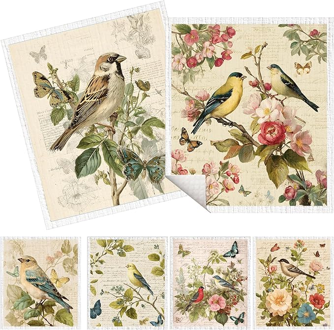 Swedish Dishcloths for Kitchen, 6 Pack Vintage Floral Bird Swedish Dish Cloths for Washing Dishes, Reusable Washable Absorbent Dish Towels for Home Kitchen Cleaning Quick Drying