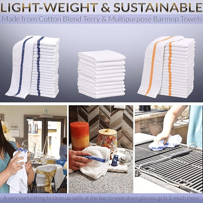 12 PC New Cotton Blend White Restaurant Bar Mops Kitchen Towels (1 Dozen) (12, Gold Stripe)
