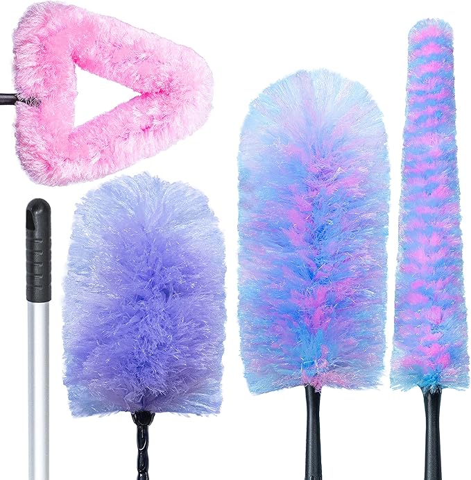 Feather Duster Kit with 5.6ft Extension Pole, 4 Dusting Brush for Cleaning Home Wall Ceiling Fan Cobweb, Microfiber Static Washable Dusters, Pink Violet