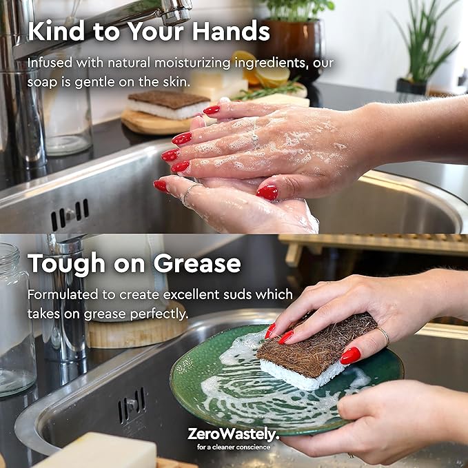 ZeroWastely Natural Dish Soap Bar - Value Pack of 3 Solid Soap Block 16oz - Lemon Scented, Long Lasting, Skin Friendly - Sustainably Made from 100% Organic Ingredients - Plastic Free Dish Soap