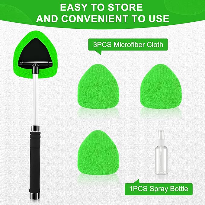 JUSTTOP Windshield Cleaner Tool, Car Interior&Exterior Window Cleaning Tool with Extendable Handle & 4 Reusable Microfiber Pads, Auto Glass Wiper Brush Kit for Cars (Green)