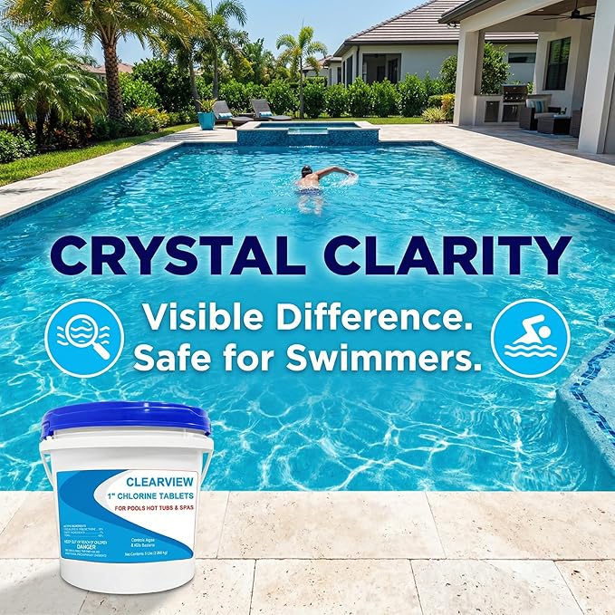 ClearView Chlorine Tablets 1 Inch 5 Lbs for Swimming Pools, Long-Lasting Stabilized 1" Chlorinating Tablets for Spa Hot Tub Chemicals, Pool Chlorinating Sanitizer 90% Available Chlorine