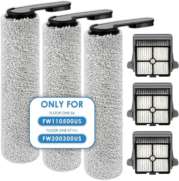 【Only for Version 1, ROLLER HANDLE NOT DETACHABLE】(6 Pack) Brush Rollers and HEPA Filters for Tineco Floor ONE S7 PRO/ONE S6 Smart Cordless Wet Dry Vacuum Cleaner, 3 HEPA Filters, 3 Brush Rollers