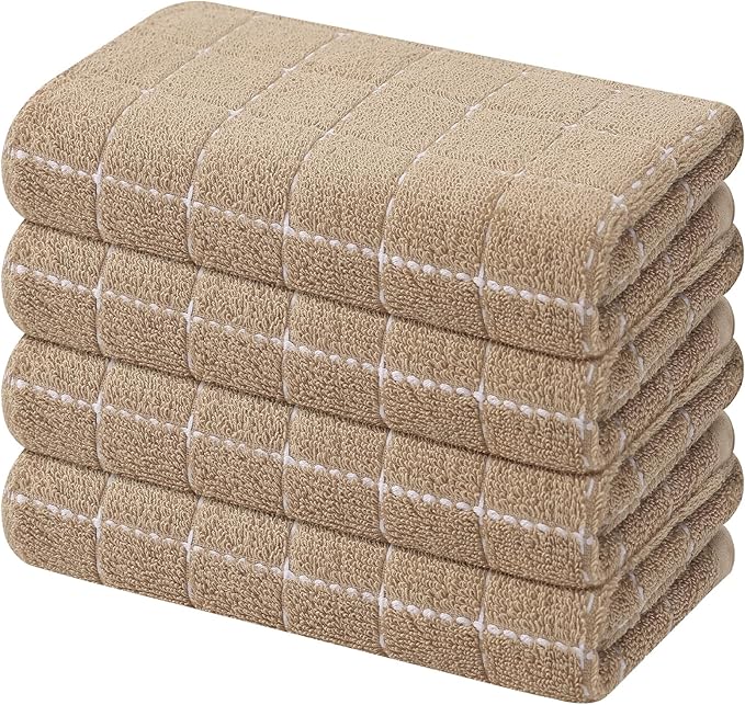 Mordimy 100% Cotton Terry Cloth Kitchen Towels, Super Soft and Absorbent Dish Towels for Drying, Checkered Designed Hand Towels for Kitchen, 16 x 26 Inches, 4 Pack, Tan