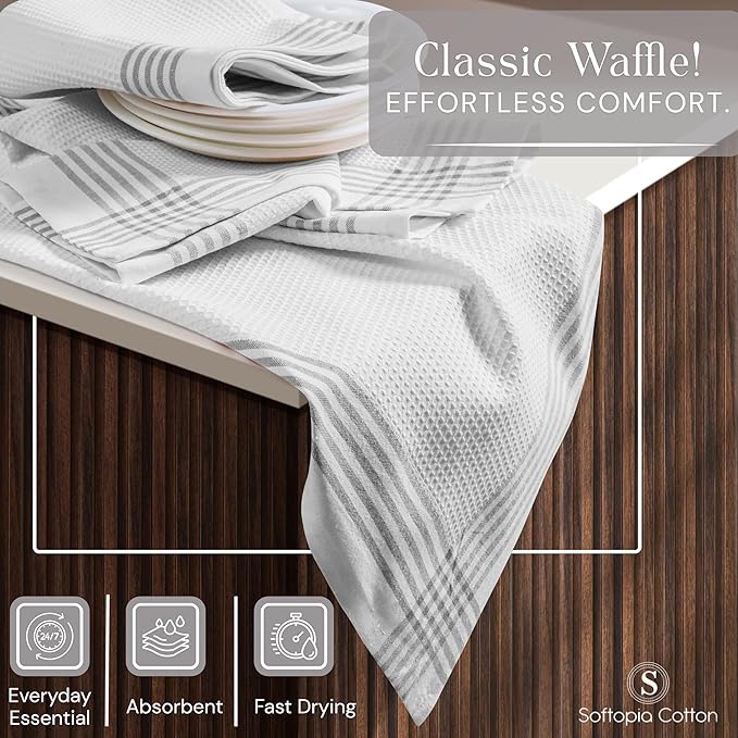 Waffle White & Grey Kitchen Towels 4 Pack, 100% Cotton, 16x26 inches, Quick Drying Dish Cloths, Absorbent Bar Mop Towels, Durable Kitchen Dishcloths Set for Daily Use
