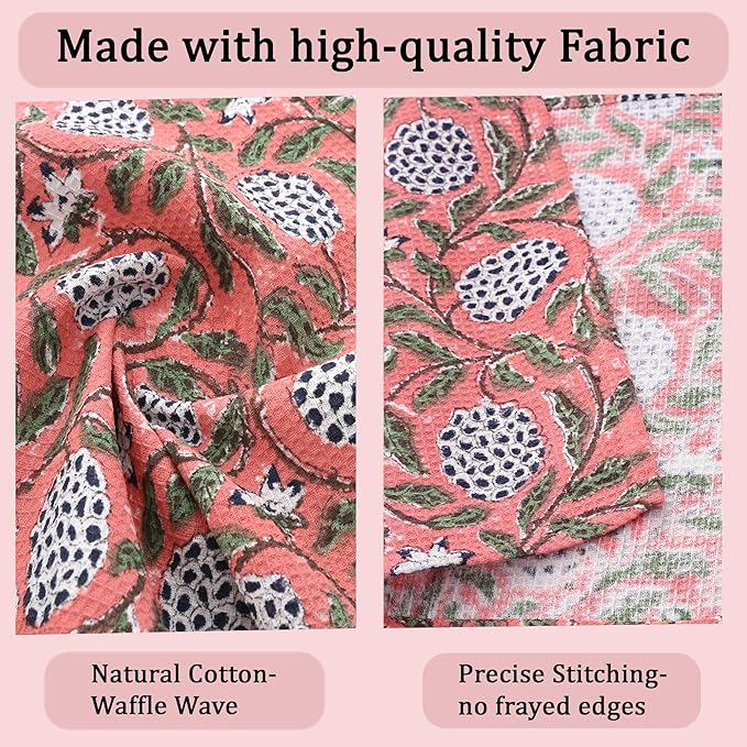 Ridhi Dark Salmon Pink Hand Block Print Cotton Waffle Dish Cloth Set of 6-12x12 Inch Super Absorbent, Soft, Reusable Kitchen Towels for Dish Drying Cleaning, Ideal for Spring, Easter, Valentine