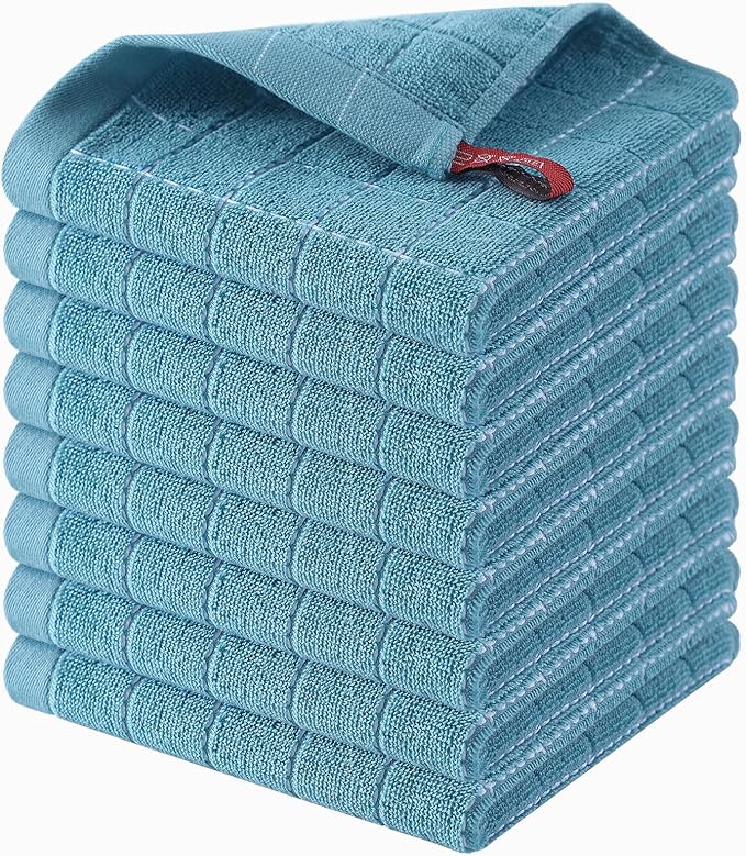 Homaxy 100% Cotton Terry Kitchen Dish Cloths, Ultra Soft and Absorbent Dish Towels for Kitchen, Suitable for Drying and Washing Dishes, 8 Pack, 12 x 12 Inches, Lake Blue
