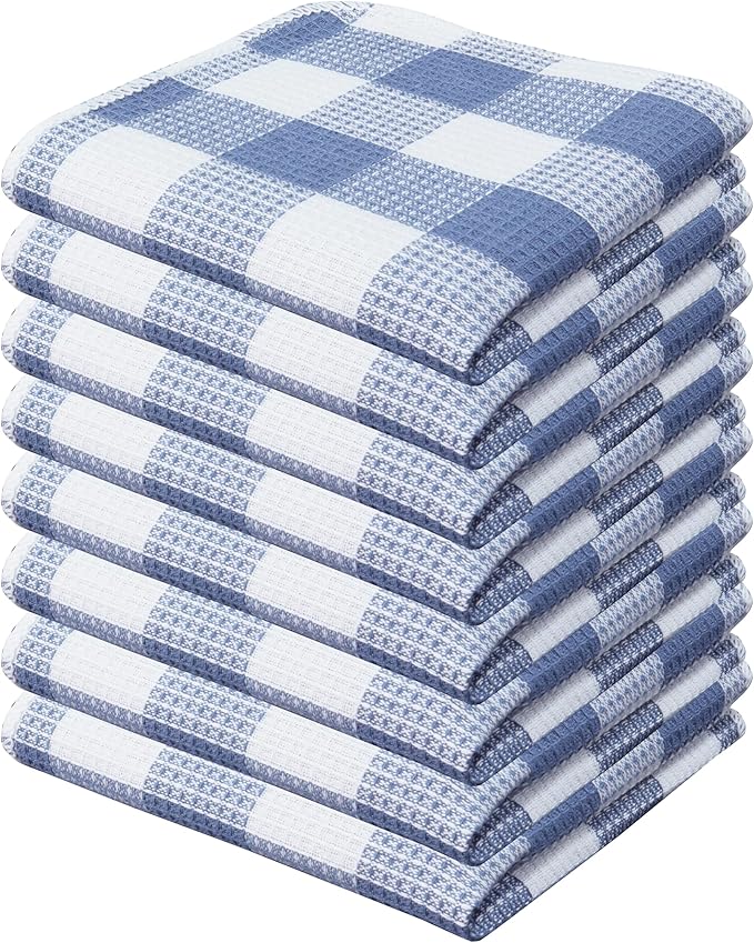 PurpleEssences Waffle Weave Plaid Dish Cloths, 100% Cotton, 12x12 Inch, Soft Absorbent Quick Drying Buffalo Check Dish Rags for Kitchen, 8 Pack, Christmas Holiday Winter - Smoky Grey and White