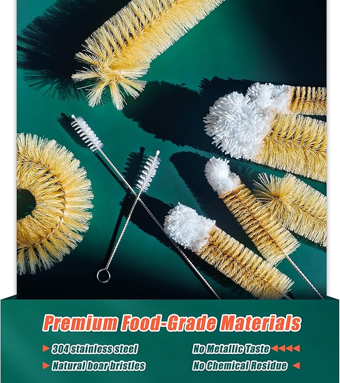 9-Pack Thin Long Handle Bottle Brushes, Stainless Steel Wire Cleaners with Boar Bristle & Wool Tip, Flexible Narrow Neck Cleaner for Wine Bottles, Tubes, Straws, Pipe, Hose & Decanter