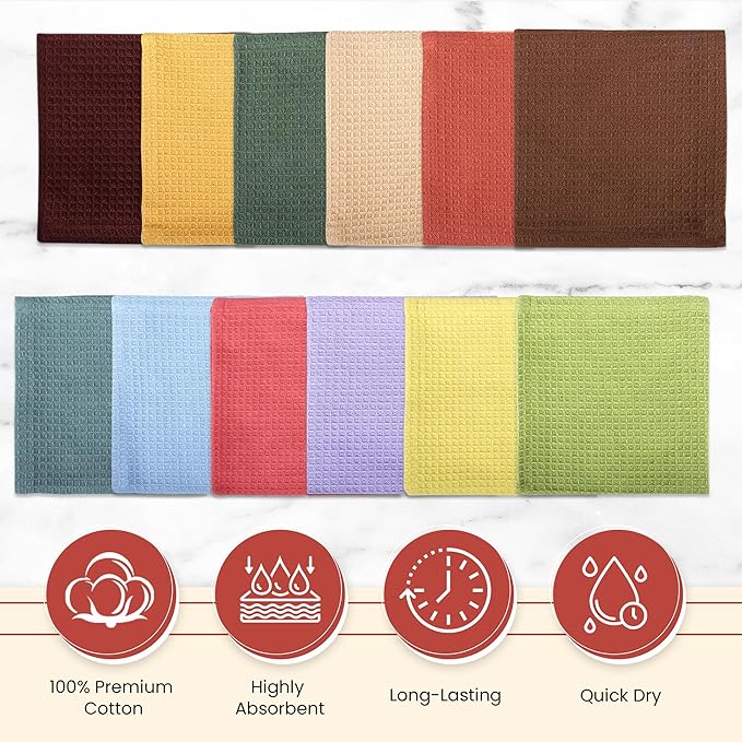 Vintage Vista 100% Cotton Waffle Dish Cloths (Pack of 12) - Dish Rags for Washing Dishes - Reusable & Highly Absorbent Kitchen Towels - Kitchen Rags for Christmas - (12" x 12" - Multicolor I)