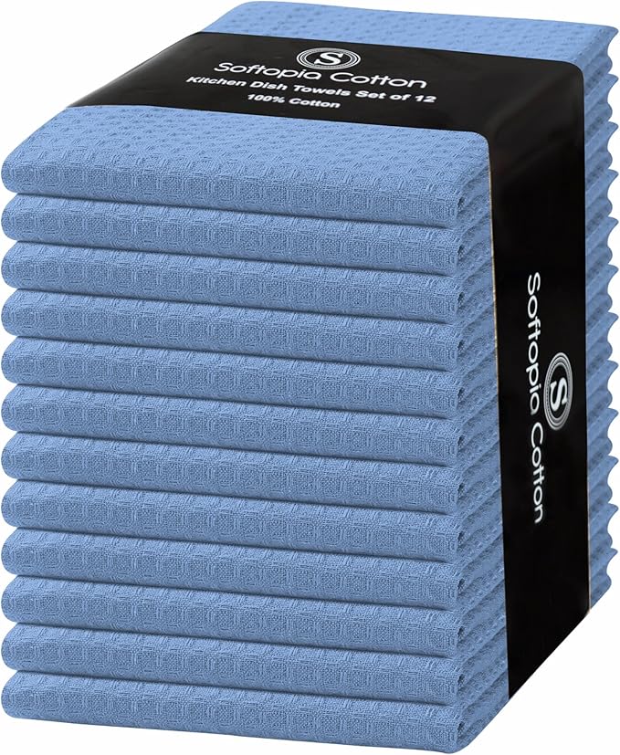 Sky Blue Kitchen Dish Towels Set of 12-100% Cotton Waffle Weave, Super Absorbent, Soft, Quick Drying, 16x26 Inches, Ideal for Cleaning, Bar, Tea, and Everyday Use, Light Blue