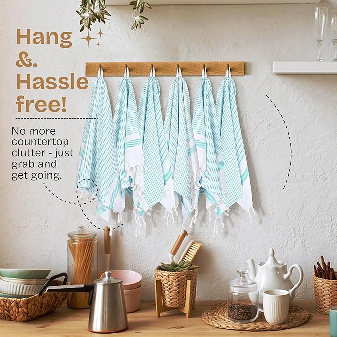 Aqua Blue Turkish Kitchen Towels 16x26 Inch, 5 Pack, 100% Cotton, Super Absorbent, Fast Dry, Machine Washable, Dish Towel with Tassels for Drying Dishes, Cleaning, Everyday Use