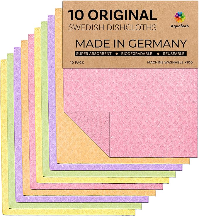 AQUASORB Swedish Dishcloths for Kitchen 10 Pack – Reusable Swedish Dish Cloths That Don't Smell, Oeko-TEX Certified Eco-Friendly Dish Cloths