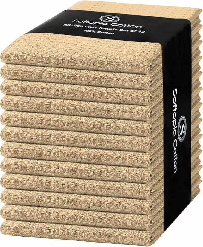 Beige Waffle Kitchen Dish Towels, 100% Cotton, Quick Dry, Super Absorbent, Soft, Lint-Free, 16x26 Inches - Ideal for Dish Drying, Bar, Tea, Cleaning, and Everyday Use, 12 Pack, Tan