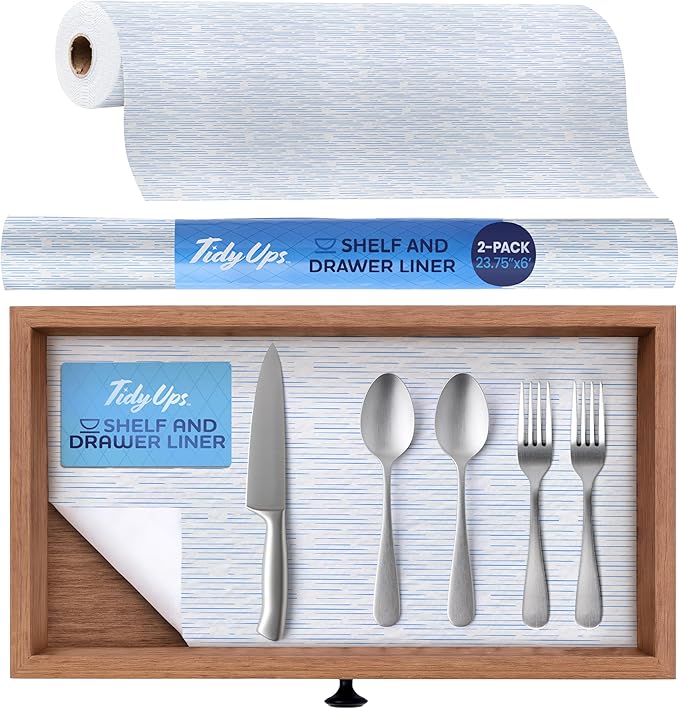 Self Adhesive Shelf Liner (2-Pack, 23.75in x 6ft) — Absorbent Felt Cabinet Liner for Shelves & Kitchen Drawers, Soft Glide Surface with Adjustable, Residue-Free Adhesive (Blue Current)