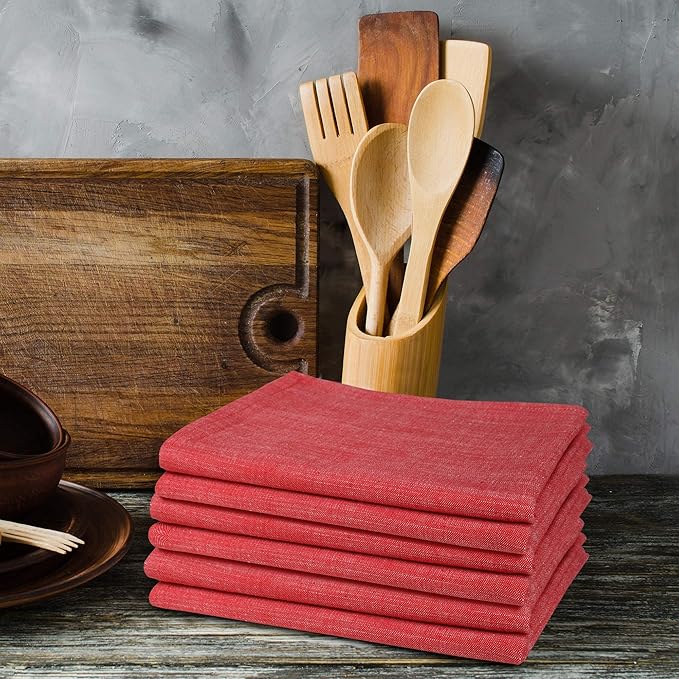 Urban Villa Kitchen Towels Slub Chambray Red/White Color, Premium Quality,100% Cotton Dish Towels, Mitered Corners,(Size: 20X30 Inch),Highly Absorbent Bar Towels & Tea Towels -(Set of 6)