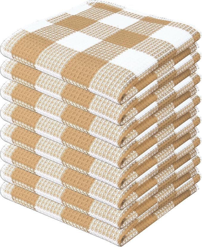 PurpleEssences Waffle Weave Plaid Dish Cloths, 100% Cotton, 12x12 Inch, Soft Absorbent Quick Drying Buffalo Check Dish Rags for Kitchen, 8 Pack, Christmas Holiday Winter - Beige & White