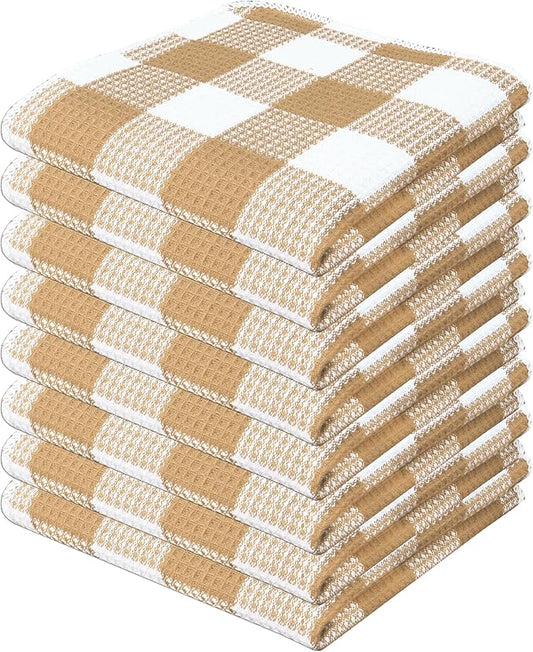 PurpleEssences Waffle Weave Plaid Dish Cloths, 100% Cotton, 12x12 Inch, Soft Absorbent Quick Drying Buffalo Check Dish Rags for Kitchen, 8 Pack, Christmas Holiday Winter - Beige & White