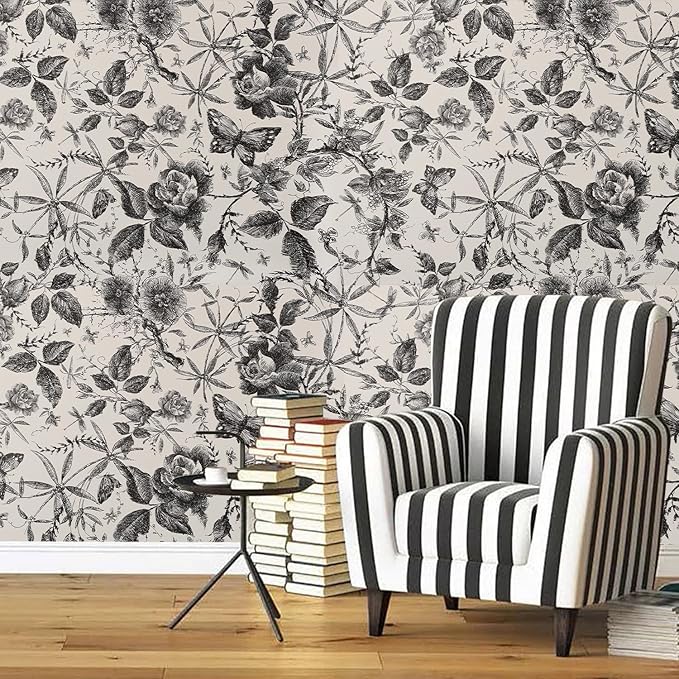 Drawer Liner Contact Paper for Dresser Peel and Stick Wallpaper Sketched Design 15.7x787.4in Self Adhesive Removable Black Maroon Rose Floral Butterfly Vintage Cabinet Shelf Renter Friendly