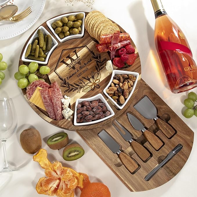 Personalized Charcuterie Board Gift Set – Custom Engraved Acacia Cheese Board with Ceramic Bowls, Wedding & Housewarming Gifts, for Women & Men