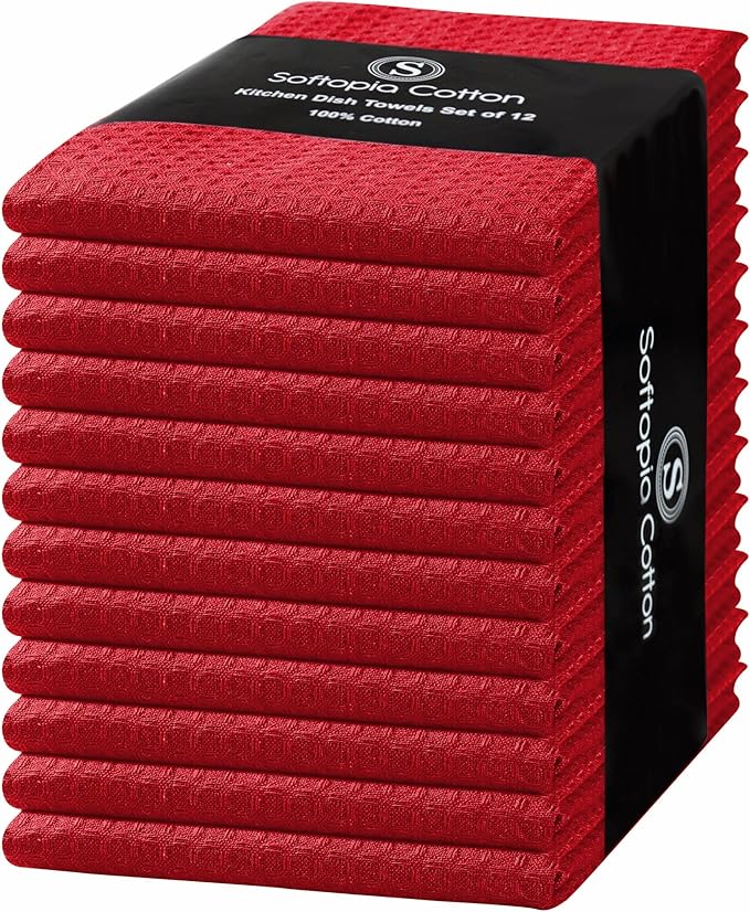 Red Waffle Kitchen Dish Towels, 100% Cotton, Quick Dry, Super Absorbent, Soft, Lint-Free, 16x26 Inches - Ideal for Dish Drying, Bar, Tea, Cleaning, and Everyday Use, 12 Pack
