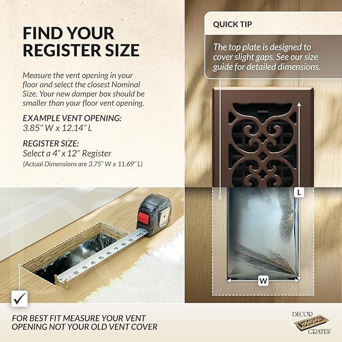 Decor Grates Metal Scroll Decorative Air Vent Cover 4x12 Floor Register – Adjustable Control Lever – AC Floor Vent Covers for Home Floor Vents – Fits 4 x 12 Inch Opening – Rubbed Bronze (SPH412-RB)