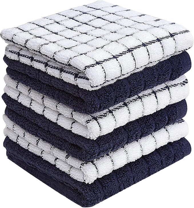 Bumble Premium Cotton Dish Cloths 12" x 12"| Navy Design | 405 GSM | Highly Absorbent & Soft Dish Towels | 100% Natural Ring Spun Cotton Kitchen Towel Set - 6 Pack