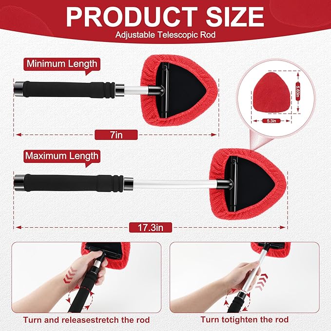 JUSTTOP Windshield Cleaner Tool, Car Interior&Exterior Window Cleaning Tool with Extendable Handle & 4 Reusable Microfiber Pads, Auto Glass Wiper Brush Kit for Cars (Red)