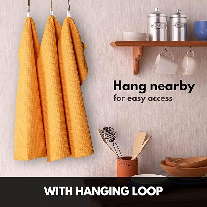 Yellow Waffle Kitchen Dish Towels, 100% Cotton, Quick Dry, Super Absorbent, Soft, 16x26 Inches – Ideal for Dish Drying, Bar, Tea, Cleaning, and Everyday Use, 12 Pack, Mustard Yellow