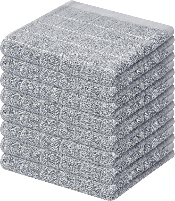 Mordimy 100% Cotton Terry Cloth Dish Cloths, Soft and Absorbent Checkered Dish Towels, Quick Drying Dish Rags for Washing Dishes, 8 Pack, 12 x 12 Inches, Light Grey