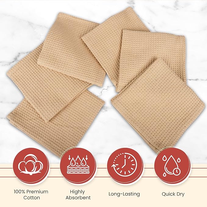 Vintage Vista 100% Cotton Waffle Dish Cloths (Pack of 6) - Dish Rags for Washing Dishes - Reusable & Highly Absorbent Kitchen Towels - Kitchen Rags for Christmas - (12" x 12" - Beige)